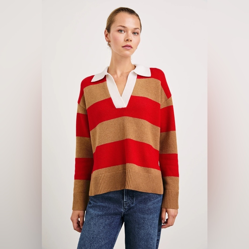 Rails Harris Cashmere Polo Sweater Nwt Red Camel Stripe Size S Rare
